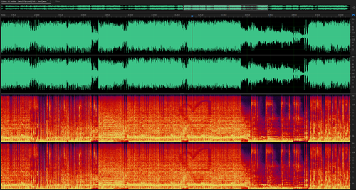 Waveform and spectral display screenshot from audio mastering in Adobe Audition, showing a heart shape hidden in the music.
