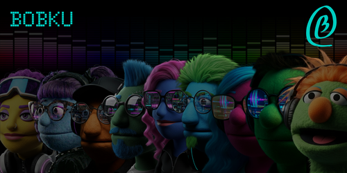 Bobku promotional hero banner featuring all nine original puppet producer personas on a dark festival-style background over a digital EQ bar