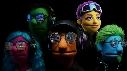 Bobku promotional hero image featuring five original puppet producer personas on a dark festival-style background