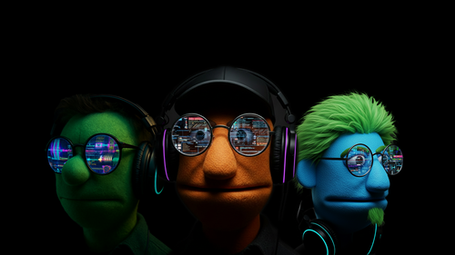 Bobku promotional hero image featuring three original puppet producer personas on a dark festival-style background