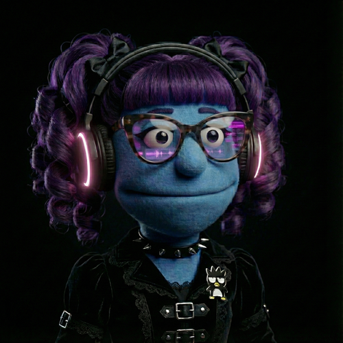 Aria, one of the producer personas of Bobku, a blue felt puppet with deep purple curly pigtails tied in black bows, wearing tortoiseshell glasses that reflect glowing DAW waveforms and over-ear headphones with soft pink light rings, dressed in a black gothic-style jacket with buckles and a studded choker, looking gently thoughtful against a dark studio background.