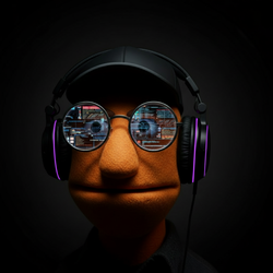 Dial, an orange felt puppet with a black cap, round glasses, and headphones rimmed with purple light.