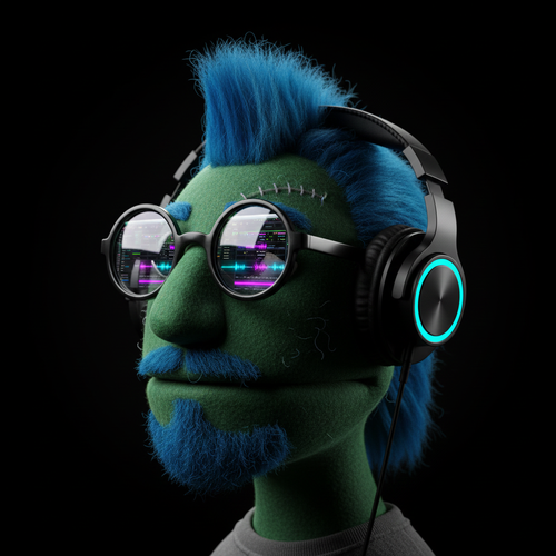 Faderghost, one of the producer personas of Bobku, a green felt puppet with a bright blue mohawk and beard, scar stitching on his forehead, round glasses showing waveform reflections, and large ring-lit studio headphones.