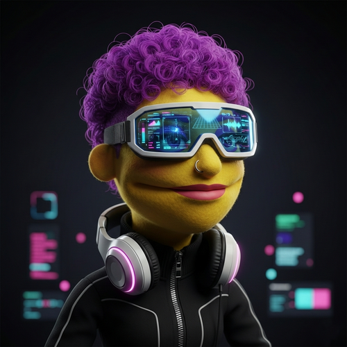Nova, a Bobku puppet studio manager persona, shown as a solo portrait for press and reference use